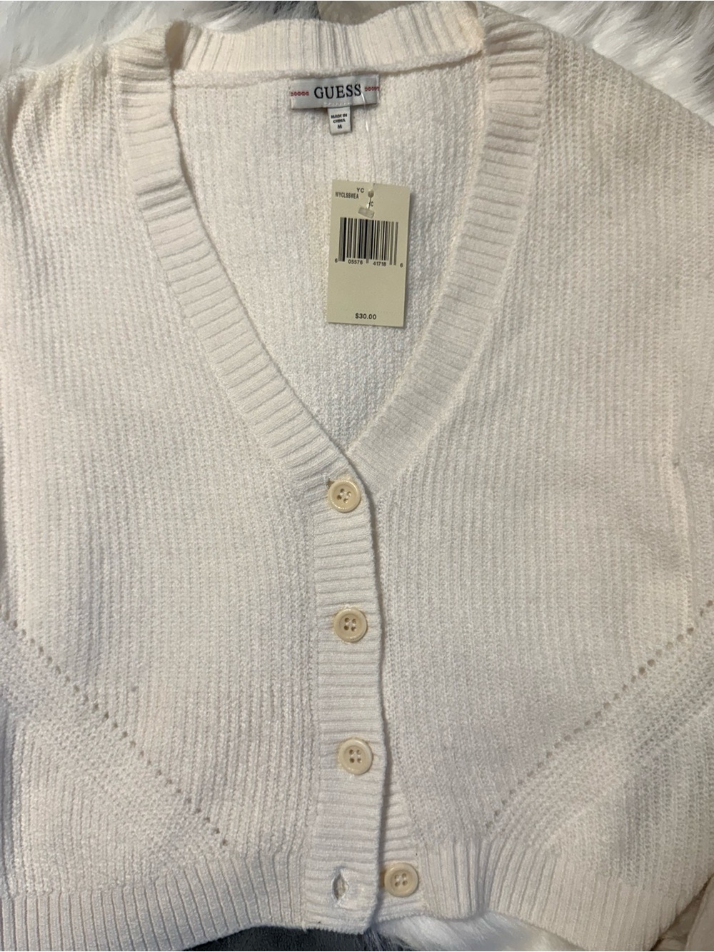 GUESS Cream Ribbed V-Neck Button Cardigan